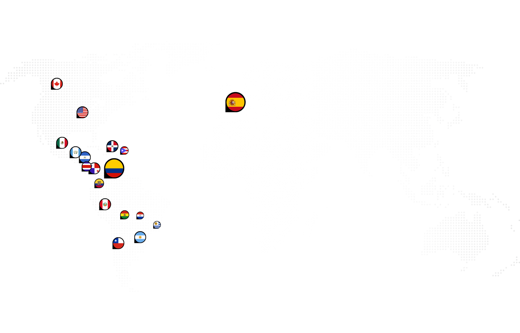 Mapa del mundo en puntos con la cobertura de Click Cat: toda Latinoamérica —de México a Argentina, sin Brasil— y migrantes latinos en Estados Unidos, Canadá y España. Casa en Bogotá, Colombia.